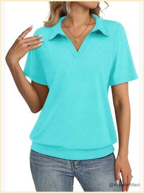 Short Sleeve V-Neck Polo Shirt Banded Bottom Business Casual Top